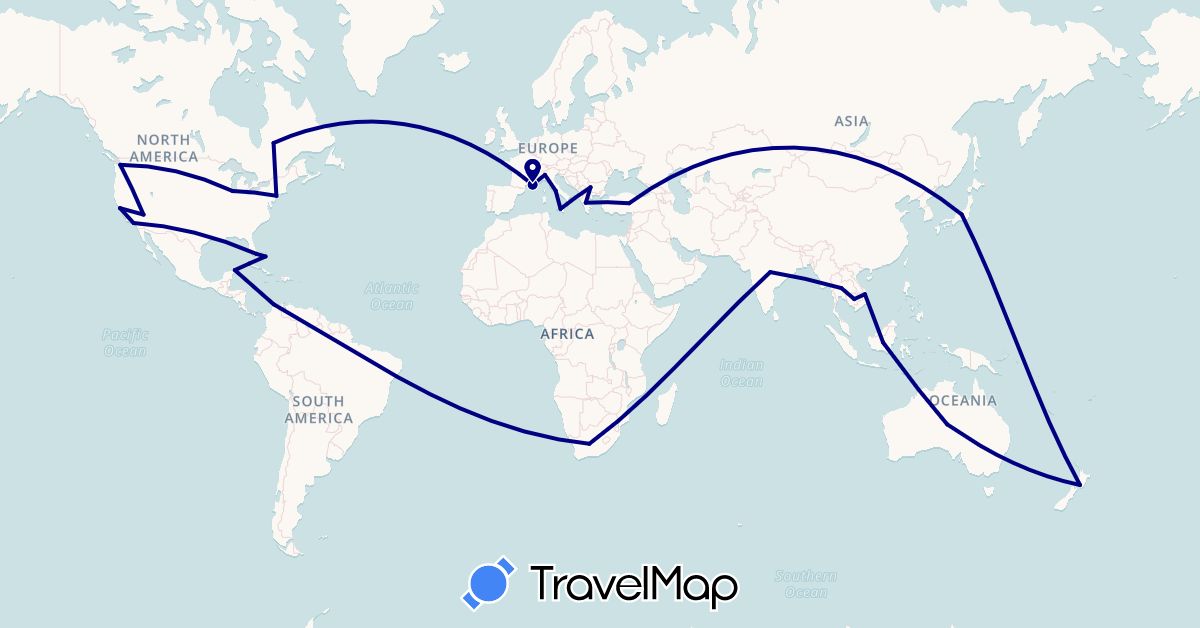 TravelMap itinerary: driving in Australia, Bulgaria, Bahamas, Canada, Colombia, Cuba, France, Greece, Indonesia, India, Italy, Japan, Cambodia, Mexico, New Zealand, Thailand, Turkey, United States, Vietnam, South Africa (Africa, Asia, Europe, North America, Oceania, South America)